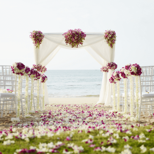 Outdoor altar with flowers spread around